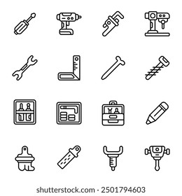 Screwdriver icon set. Includes brush, drill, screw, spanner, ruler, hydraulic breaker, and More. Outline icons vector