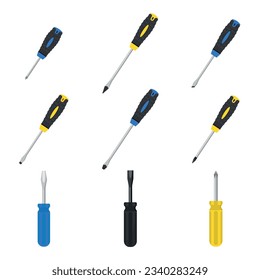 Screwdriver icons set cartoon vector. Construction element. Fix equipment