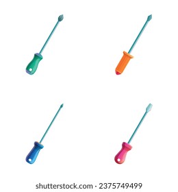 Los iconos del destornillador establecen el vector de dibujos animados. Varios tipos de destornillador. Herramienta manual para reparación y construcción