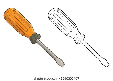 Ilustración de destornillador con versiones de colores y líneas de arte lado a lado