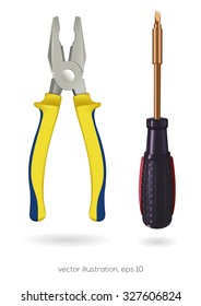 Screwdriver with interchangeable nozzles & pliers on a white background. Realistically painted tools. Vector illustration.