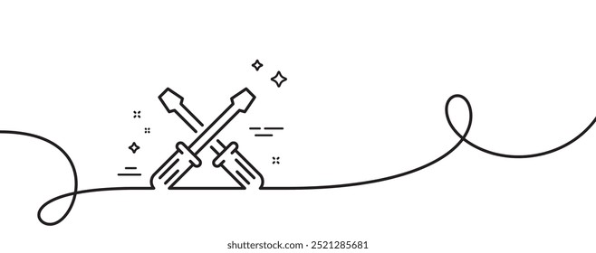 Screwdriver line icon. Continuous one line with curl. Repair service sign. Fix instruments symbol. Screwdriverl single outline ribbon. Loop curve pattern. Vector