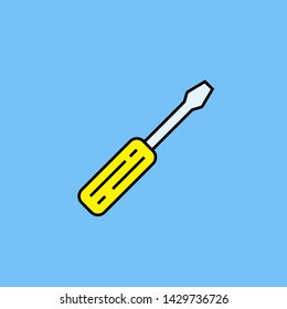 Screwdriver line icon. Yellow tool symbol isolated on blue background. Service repair sign. Vector illustration.
