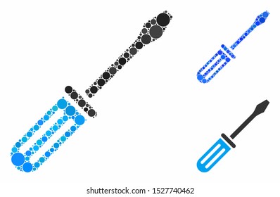 Screwdriver mosaic of circle elements in various sizes and color tones, based on screwdriver icon. Vector circle elements are united into blue mosaic.