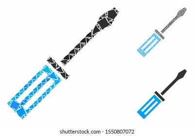 Screwdriver mosaic of rugged pieces in different sizes and color hues, based on screwdriver icon. Vector tuberous pieces are united into collage. Screwdriver icons collage with dotted pattern.