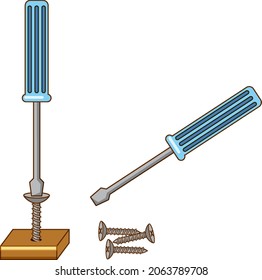 Screwdriver with nails on white background illustration
