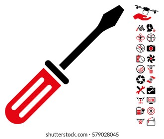 Screwdriver pictograph with bonus flying drone tools images. Vector illustration style is flat iconic intensive red and black symbols on white background.