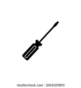 A screwdriver with a plastic handle and a flat tip in black on a white background. A vector image.