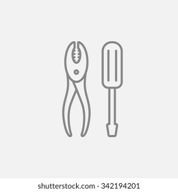 Screwdriver with pliers line icon for web, mobile and infographics. Vector dark grey icon isolated on light grey background.