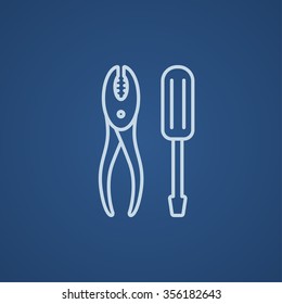 Screwdriver with pliers line icon for web, mobile and infographics. Vector light blue icon isolated on blue background.
