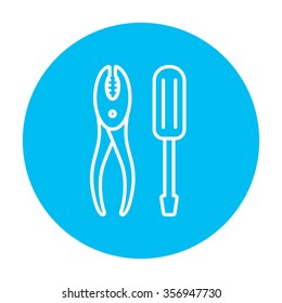 Screwdriver with pliers line icon for web, mobile and infographics. Vector white icon on the light blue circle isolated on white background.