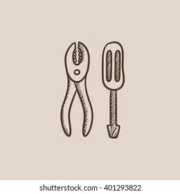 Screwdriver with pliers sketch icon.