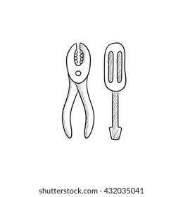 Screwdriver with pliers vector sketch icon isolated on background. Hand drawn Screwdriver with pliers icon. Screwdriver with pliers sketch icon for infographic, website or app.