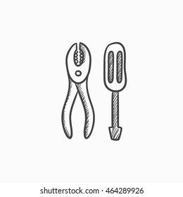 Screwdriver with pliers vector sketch icon isolated on background. Hand drawn Screwdriver with pliers icon. Screwdriver with pliers sketch icon for infographic, website or app.