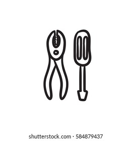 Screwdriver with pliers vector sketch icon isolated on background. Hand drawn Screwdriver with pliers icon. Screwdriver with pliers sketch icon for infographic, website or app.
