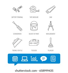 Screwdriver, plunger and repair toolbox icons. Trowel for tile, bucket of paint linear signs. Measurement, battery terminal icons. Report file, Graph chart and Chat speech bubble signs. Vector