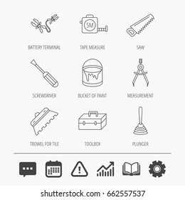 Screwdriver, plunger and repair toolbox icons. Trowel for tile, bucket of paint linear signs. Measurement, battery terminal icons. Education book, Graph chart and Chat signs. Vector