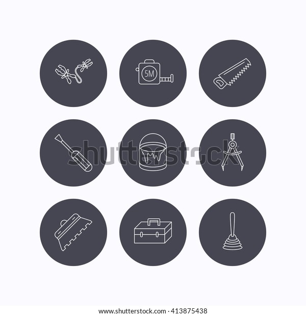 Screwdriver,\
plunger and repair toolbox icons. Trowel for tile, bucket of paint\
linear signs. Measurement, battery terminal icons. Flat icons in\
circle buttons on white background.\
Vector