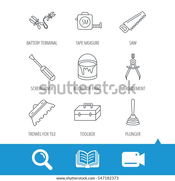 Screwdriver, plunger\
and repair toolbox icons. Trowel for tile, bucket of paint linear\
signs. Measurement, battery terminal icons. Video cam, book and\
magnifier search icons.\
Vector