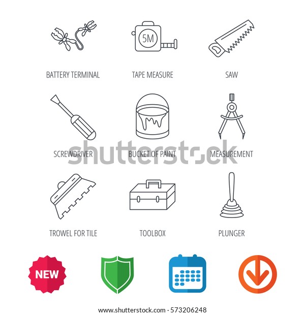 Screwdriver, plunger and repair toolbox icons.\
Trowel for tile, bucket of paint linear signs. Measurement, battery\
terminal icons. New tag, shield and calendar web icons. Download\
arrow. Vector