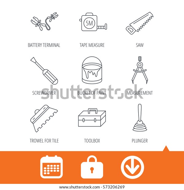 Screwdriver,\
plunger and repair toolbox icons. Trowel for tile, bucket of paint\
linear signs. Measurement, battery terminal icons. Download arrow,\
locker and calendar web icons.\
Vector