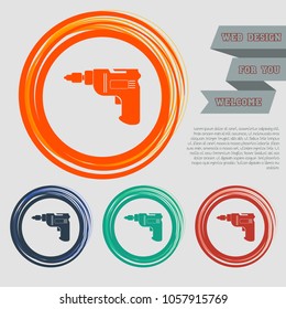 Screwdriver, power drill icon on the red, blue, green, orange buttons for your website and design with space text. Vector illustration