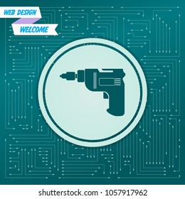 Screwdriver, power drill icon on a green background, with arrows in different directions. It appears on the electronic board. Vector illustration