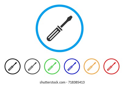 Screwdriver rounded icon. Style is a flat screwdriver grey symbol inside light blue circle with black, gray, green, blue, red, orange versions. Vector designed for web and software interfaces.