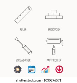 Screwdriver, ruler and paint roller icons. Brickwork linear sign. Calendar, Graph chart and Cogwheel signs. Download colored web icon. Vector