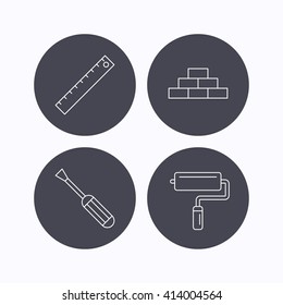 Screwdriver, ruler and paint roller icons. Brickwork linear sign. Flat icons in circle buttons on white background. Vector