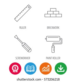 Screwdriver, ruler and paint roller icons. Brickwork linear sign. Award medal, growth chart and opened book web icons. Download arrow. Vector
