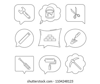 Screwdriver, scissors and adjustable wrench icons. Spatula, mining tool and paint roller linear signs. Brickwork, ruler and painting icons. Linear Speech bubbles with icons set. Comic chat balloon