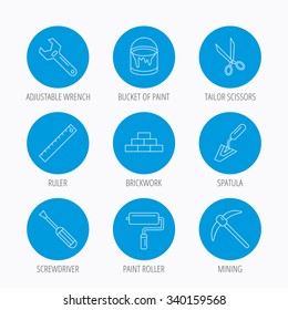 Screwdriver, scissors and adjustable wrench icons. Spatula, mining tool and paint roller linear signs. Brickwork, ruler and painting icons. Blue circle buttons set. Linear icons.