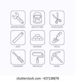 Screwdriver, scissors and adjustable wrench icons. Spatula, mining tool and paint roller linear signs. Brickwork, ruler and painting icons. Flat linear icons in squares on white background. Vector