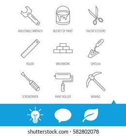 Screwdriver, scissors and adjustable wrench icons. Spatula, mining tool and paint roller linear signs. Brickwork, ruler and painting icons. Light bulb, speech bubble and leaf web icons. Vector