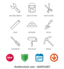 Screwdriver, scissors and adjustable wrench icons. Spatula, mining tool and paint roller linear signs. Brickwork, ruler and painting icons. New tag, shield and calendar web icons. Download arrow