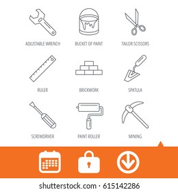 Screwdriver, scissors and adjustable wrench icons. Spatula, mining tool and paint roller linear signs. Brickwork, ruler and painting icons. Download arrow, locker and calendar web icons. Vector