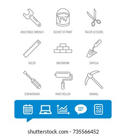 Screwdriver, scissors and adjustable wrench icons. Spatula, mining tool and paint roller linear signs. Brickwork, ruler and painting icons. Report file, Graph chart and Chat speech bubble signs