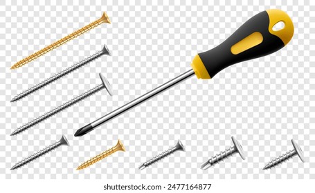 Screwdriver with screws and bolts isolated on transparent background. Black and yellow long screwdrivers. Metal tool for Home Repairs and Mechanical Work. Realistic 3d vector illustration.