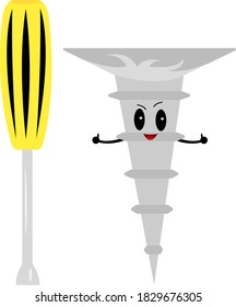 destornillador y caricatura de tornillo autorroscante lindo sonriendo y sujetando los pulgares hacia arriba como gesto de aprobación concepto de reparación y herramientas objeto sobre fondo blanco