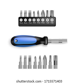 Screwdriver set with accessory is a tool, with rubber black and blue handles. Manual for driving or removing screws, isolated on white background. screwdriver bits in plastic holder