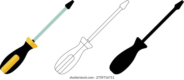 Screwdriver Set in Flat, Outline and Silhouette Style, Hand Tool Vector Illustration