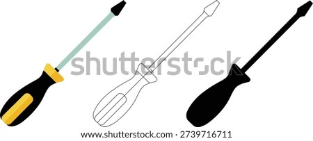 Screwdriver Set in Flat, Outline and Silhouette Style, Hand Tool Vector Illustration
