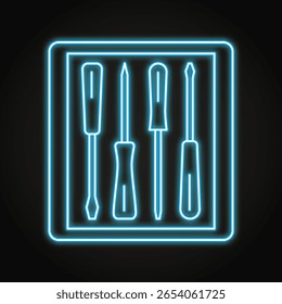 Conjunto de destornilladores icono de línea de neón. Herramientas de reparación, kit de herramientas profesionales. Ilustración vectorial