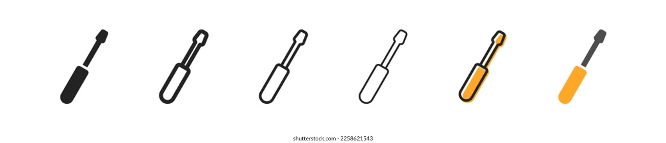 Screwdriver set of six icons in different styles. Screw, twist, tighten, repair, fix, adjust, technology, disassemble equipment, unscrew the cover, parameters. Tools concept. Set of vector icons