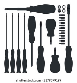 Conjunto de destornilladores. Herramientas de reparación, Ilustración vectorial. Conjunto de siluetas de destornillador de diferentes tipos