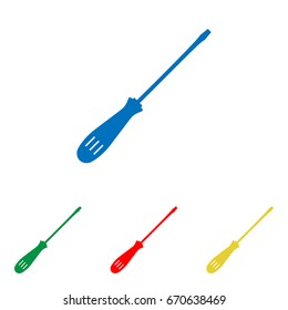 Screwdriver sign illustration. Vector. Big blue flat icon with red, green and yellow small icons at white background. Isolated.