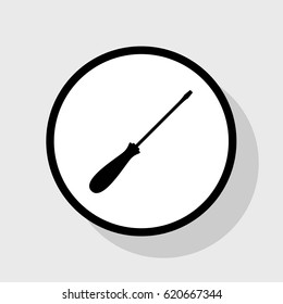 Screwdriver sign illustration. Vector. Flat black icon in white circle with shadow at gray background.