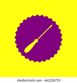 Screwdriver sign illustration. Vector. Violet label with hole as icon on yellow background.