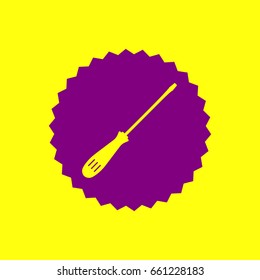 Screwdriver sign illustration. Vector. Violet label with hole as icon on yellow background.